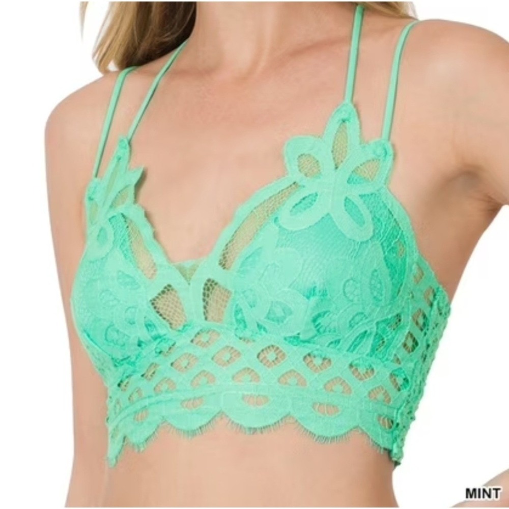 Zenana Floral Lace Bralette Mint Longline Removable Pads boho 1X